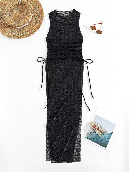 Mesh One-Piece Swimsuit for Women with Tie-Strap Transparent Beach Dress Cover-Up Swimwear