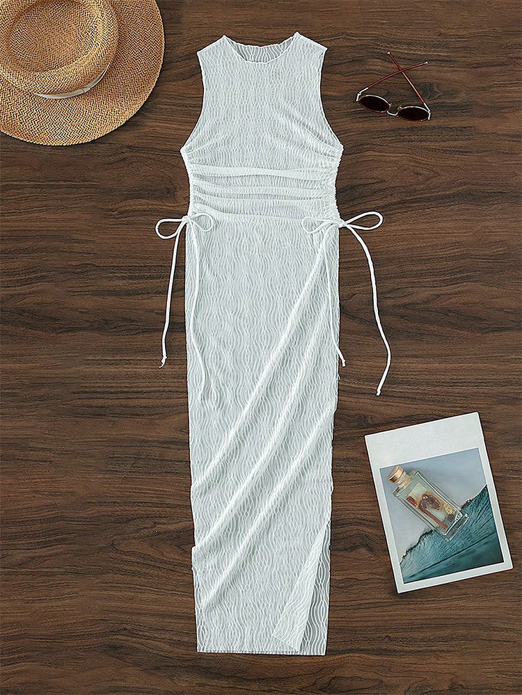 Mesh One-Piece Swimsuit for Women with Tie-Strap Transparent Beach Dress Cover-Up Swimwear