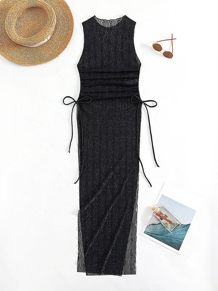 Mesh One-Piece Swimsuit for Women with Tie-Strap Transparent Beach Dress Cover-Up Swimwear