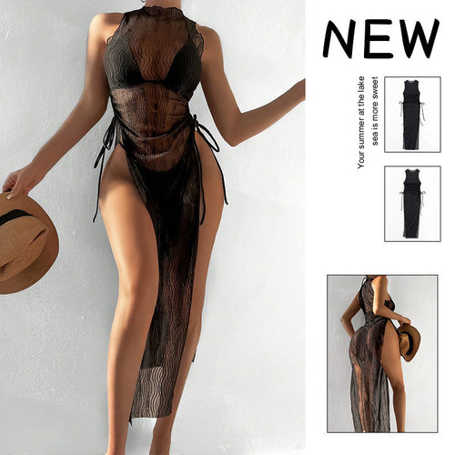 Mesh One-Piece Swimsuit for Women with Tie-Strap Transparent Beach Dress Cover-Up Swimwear